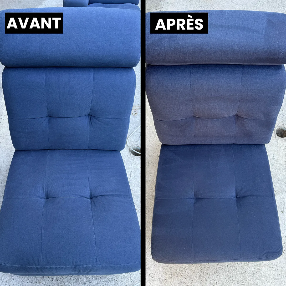 Fauteuil en tissu bleu terne avant nettoyage et couleur ravivée après injection-extraction, à Saint-Siméon-de-Bressieux